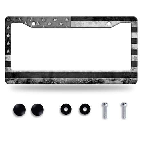 Grey Black American License Plate Frame Stainless Steel Holder 12.3" x 6.3" (Grey Black American Flag USA Flag)