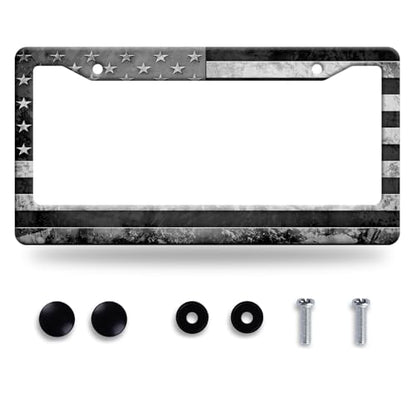 Grey Black American License Plate Frame Stainless Steel Holder 12.3" x 6.3" (Grey Black American Flag USA Flag)
