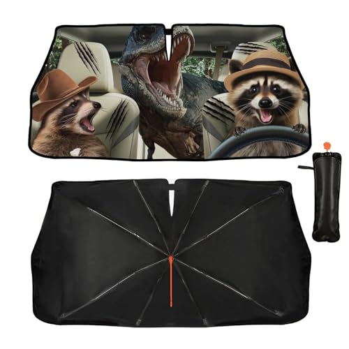 Funny Dinosaur Car Sunshade Umbrella for Windshield Foldable Raccoon Driving Car Sun Shade Cover with Bendable Handle Block UV Rays Sun Visor Protector Keep Vehicle Cool 57"x30" (147*75cm,33*11cm / Dinosaur Raccoon)