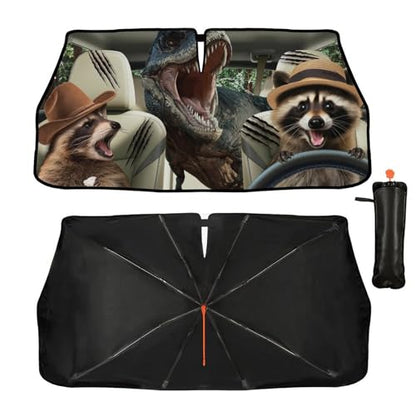 Funny Dinosaur Car Sunshade Umbrella for Windshield Foldable Raccoon Driving Car Sun Shade Cover with Bendable Handle Block UV Rays Sun Visor Protector Keep Vehicle Cool 57"x30" (147*75cm,33*11cm / Dinosaur Raccoon)