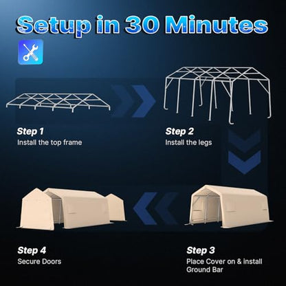Heavy Duty 10X20 ft Carport Outdoor Patio Portable Canopy Storage Shelter Shed with 2 Rolled up Zipper Doors & Vents for Snowmobile Garden Tools (Beige / 10'x20')