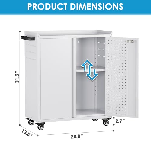 Storage Cabinet with Wheels and Pegboard (White / 14"D x 26"W x 31.5"H)