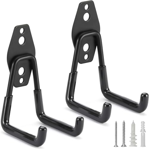 2 Pack Heavy Duty Garage Hooks Storage Organizer Wall Mount Power and Garden Tool Hangers (Small U Hook / Black 2 pack)