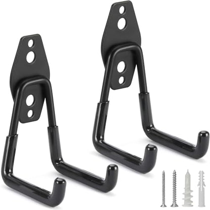 2 Pack Heavy Duty Garage Hooks Storage Organizer Wall Mount Power and Garden Tool Hangers (Small U Hook / Black 2 pack)