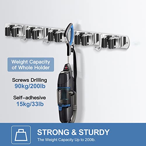 2 Pack Broom Holder Wall Mount Stainless Steel Mop Organizer (Stainless Steel - 5 Racks with 4 Hooks / 2 Pack)