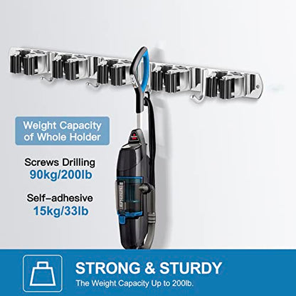 2 Pack Broom Holder Wall Mount Stainless Steel Mop Organizer (Stainless Steel - 5 Racks with 4 Hooks / 2 Pack)