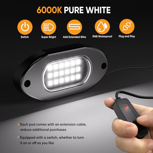 Pure White Rock Lights for UTV ATV with Switch 4 Pods 6000K (Pure White / 4 Pods)