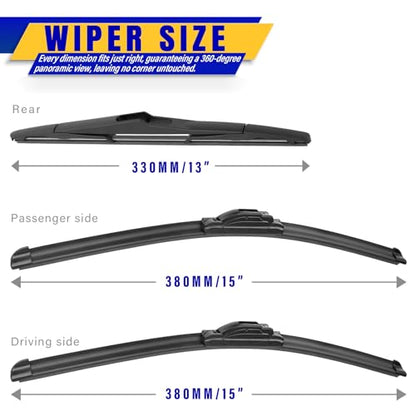 3 Wipers Fits Jeep Wrangler 2007 (15"/15"/13")