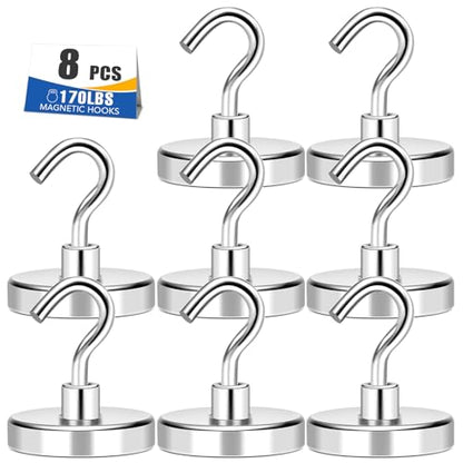 Magnetic Hooks Heavy Duty 170LB+ Strong Neodymium Magnets (Silver / 8Pack-150LB)