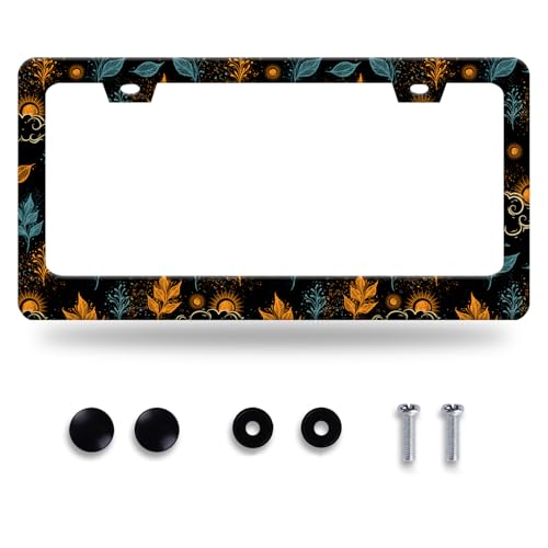 Galaxy License Plate Frame Colorful Starry Sky License Plate Stainless Steel Funny License Plate Holder for Men Women Universal Car Accessories Decoration 12.3" x 6.3" (Sun Galaxy With Leaves Print)