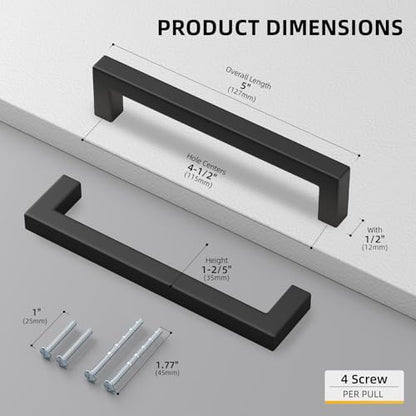 50 Pack 4-1/2 Inch Black Cabinet Handles Kitchen Drawer Pulls (Matte Black / 4-1/2 Inch Hole Centers)