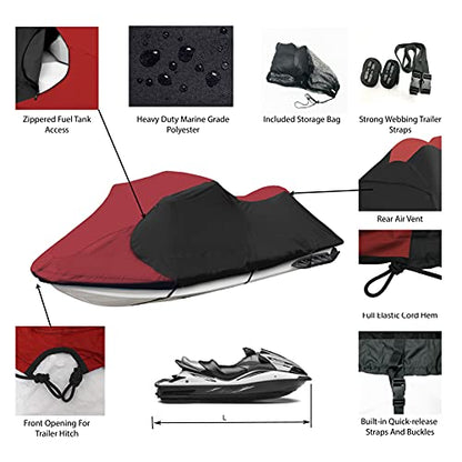 Trailerable Jet Ski Cover 600D Waterproof PWC Cover Fits 103" (Burgundy/Black / Fits from 103"-115"(1 or 2 seater))