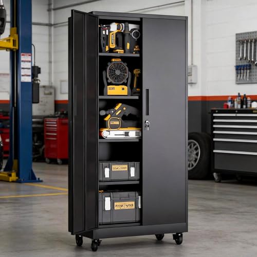 Metal Storage Cabinet for Garage (Black / L - 2 Doors & 5 Shelves (Wheeled))