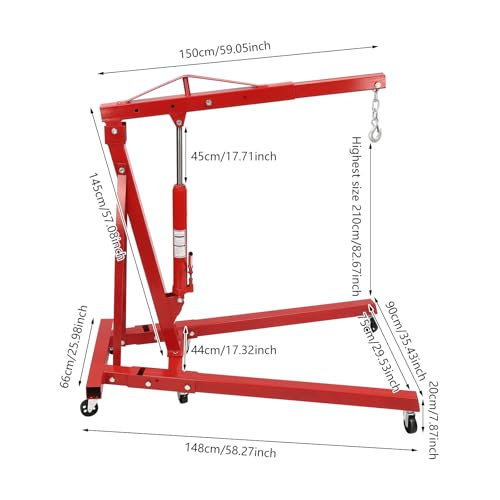 Folding Engine Crane 2 Ton Folding Engine Hoist 4400lbs Crane Hoist Lift with 6 Iron Caster Wheels for Garage (Red-A / 2T-4400lbs)