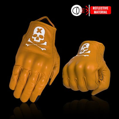 Goatskin Leather Motorcycle Motorbike Powersports Racing Gloves Reflective Skull Touchscreen for Men and Women Model (HEE6 / Small)