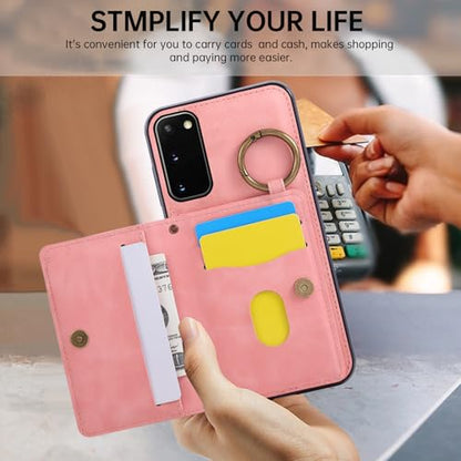 Compatible with Samsung Galaxy S20 5G 6.2 inch Wallet Case and Screen Protector Crossbody Shoulder Strap Ring Buckle Stand Card Holder Magnetic Car Mount Cell Phone Cover for S 20 Women Men Pink (Rose Gold / for S20)