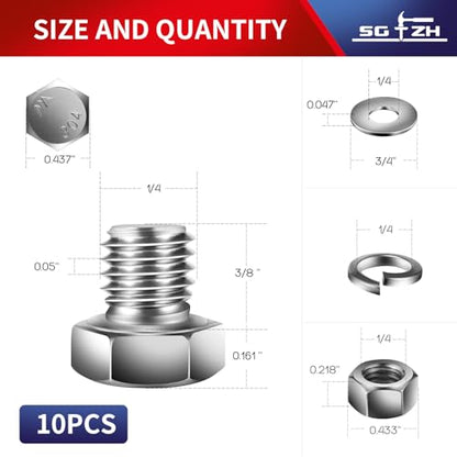 1/4-20 x 3/8" Hex Head Screw Bolt, Nuts, Flat & Lock Washers, 10Pcs 18-8 (304) Stainless Steel, Fully Threaded, by SG TZH (1/4-20 x 3/8" / Silver)