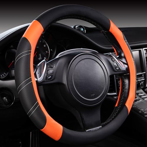 Line Rider Microfiber Leather Sporty Steering Wheel Cover Universal Fits for 95% Truck (Black＆Orange / Standard[14.5"-15"])