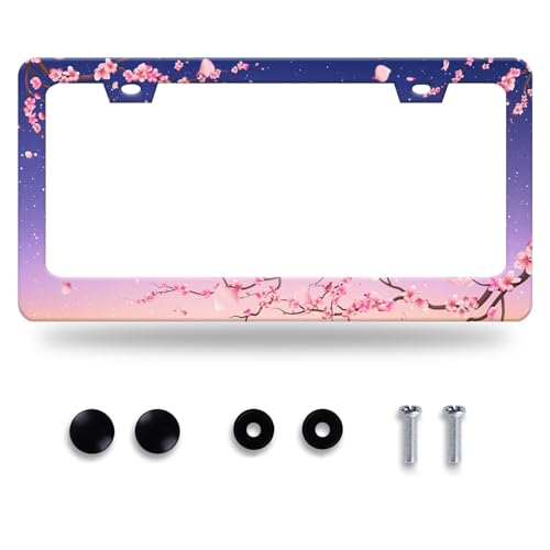 Cherry Blossom License Plate Frame Stainless Steel Women Car Accessory (Pink Cherry Blossom Flowers Floral)