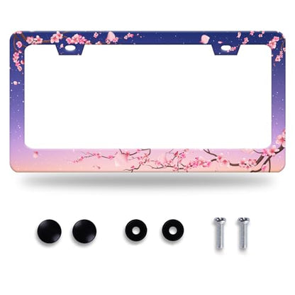 Cherry Blossom License Plate Frame Stainless Steel Women Car Accessory (Pink Cherry Blossom Flowers Floral)