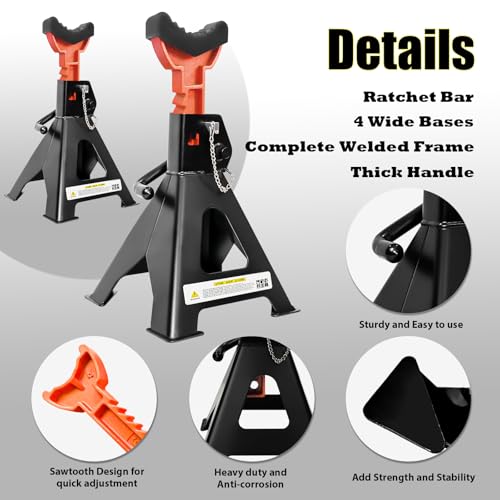 Jack Stands 6 Ton (6 Ton Double Pin Locking with Rubber Pads / Black+Orange)