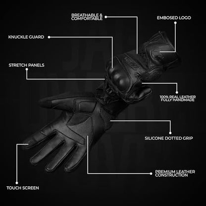 Leather Motorcycle Motorbike Knuckle Protection Powersports Gloves (Black / 3X-Large)