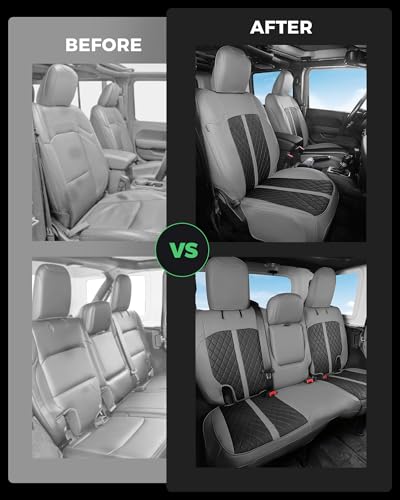 for Jeep Wrangler Leather Custom Car Seat Covers Full Set 4 Door (Gray & Black / JL 18-26 4Door With Rear Cup Holder)