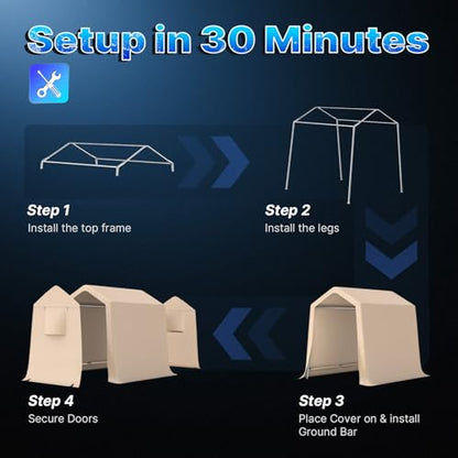 6x8 ft Outdoor Portable Storage Shelter Shed with 2 Roll up Zipper Doors & Vents Carport for Motorcycle Waterproof and UV Resistant Portable Garage Kit Tent (Beige / 6'x8')