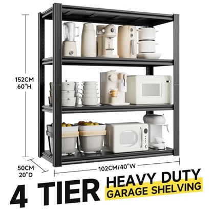 4 Tier 40" W x 20" D x 60" H Garage Shelving Garage Storage Shelves 2200LBS Metal Industrial Shelf Adjustable Heavy Duty Shelving Storage Rack Shelving Unit (Black-hidden Hole / 40"W x 20"D x 60"H)