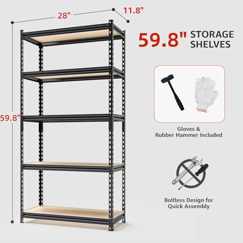 Storage Shelves Garage Shelving Heavy Duty 5 Tier Metal Shelving Units for Storage Adjustable Utility Shelf Rack for Kitchen Warehouse Basement 28" W x 11.8" D x 59.8" H (5T 28" W x 11.8" D x 59.8" H)