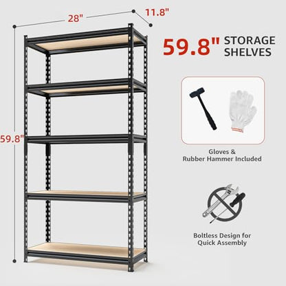 Storage Shelves Garage Shelving Heavy Duty 5 Tier Metal Shelving Units for Storage Adjustable Utility Shelf Rack for Kitchen Warehouse Basement 28" W x 11.8" D x 59.8" H (5T 28" W x 11.8" D x 59.8" H)