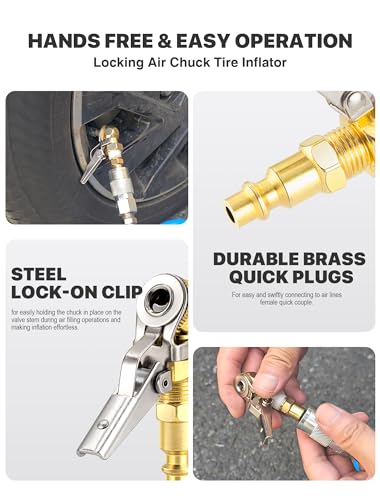 2-Pack 1/4 Inch Female NPT Closed Ball Tire Inflator with Clip, Locking Quick Connect, Clip-On Air Chucks for Truck RV Auto Car Air Compressor (1/4'' NPT Quick Plug)