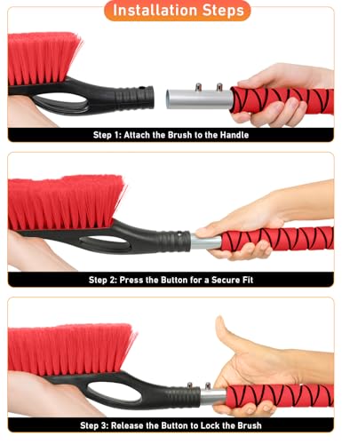 27" Snow Brush with Ice Scraper for Car Windshield 2 Pack Red (Red & Red)