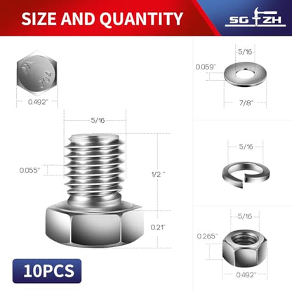 5/16-18 x 1/2" Hex Head Screw Bolt, Nuts, Flat & Lock Washers, 10Pcs 18-8 (304) Stainless Steel, Fully Threaded, by SG TZH (5/16-18 x 1/2" / Silver)