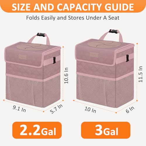 Car Trash Can with Lid Leak Proof Car Accessories for Women (2.2 Gallons / Quilted-Pink)