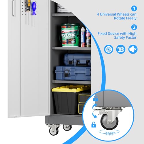 Metal Garage Cabinet with Wheels and Pegboard 71'' x 32'' x 16'' (Grey&white / 16"D x 32"W x 71"H)