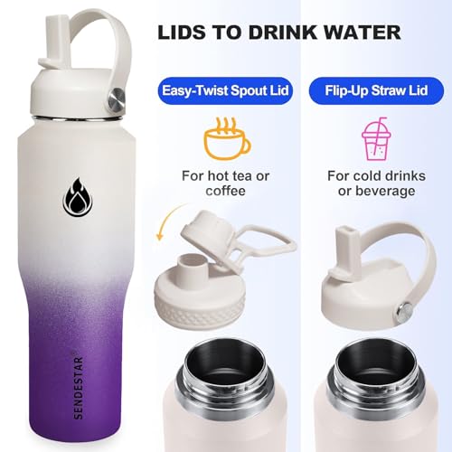 32oz Water Bottle Wide Mouth Stainless Steel Vacuum Insulated Double Wall with 2 Straw Lids Fit in Any Car Cup Holder TXIN (White&Voilet / 32 Ounces)