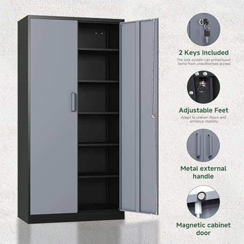 Metal Storage Cabinet with Lock Door and 5 Shelves (72 X 36 X 18 In(H X W X D) / Black Grey)