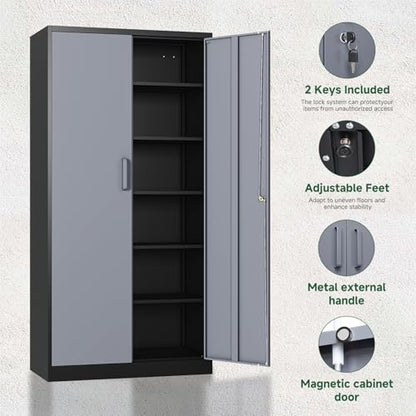 Metal Storage Cabinet with Lock Door and 5 Shelves (72 X 36 X 18 In(H X W X D) / Black Grey)