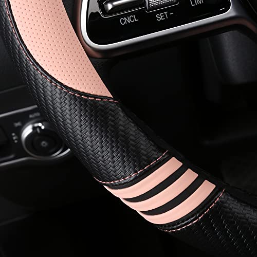 Car Steering Wheel Covers for Women Padded Carbon Fiber PU Leather Cute Auto Interior Accessories for Vehicle (Pink+Black / Standard Size[14.75-15.15"](37.5-38.5cm))