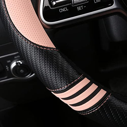 Car Steering Wheel Covers for Women Padded Carbon Fiber PU Leather Cute Auto Interior Accessories for Vehicle (Pink+Black / Standard Size[14.75-15.15"](37.5-38.5cm))