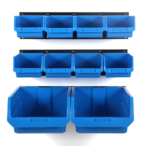10 Bin Wall Mounted Plastic Storage Bins Hanging Organizer Bins (Blue / 10Bins+3Rails)