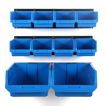 10 Bin Wall Mounted Plastic Storage Bins Hanging Organizer Bins (Blue / 10Bins+3Rails)