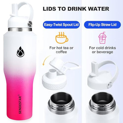 32oz Water Bottle Wide Mouth Stainless Steel Vacuum Insulated Double Wall with 2 Straw Lids Fit in Any Car Cup Holder TXIN (White&Pink / 32 Ounces)