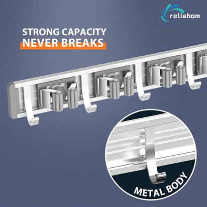 Broom Holder Wall Mount Mop Hanger Tools organizer 4Racks 5Hooks (Silver)