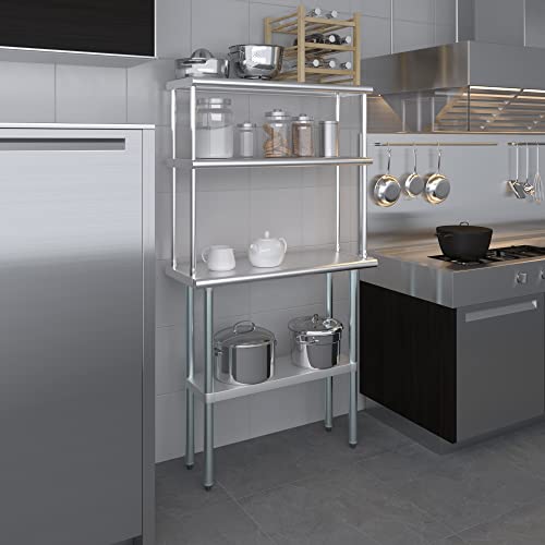 Stainless Steel Work Table Double Tier Overshelf (14" x 36" Work Table + 12" Overshelf)