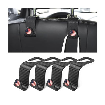 4 Pack Headrest Hooks for Vehicle Seats (Carbon Fiber/Red Flag)