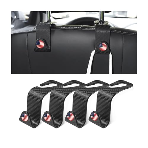 4 Pack Headrest Hooks for Vehicle Seats (Carbon Fiber/Red Flag)
