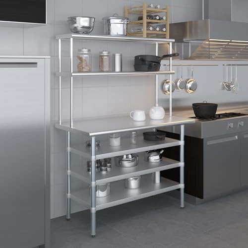 24" x 48" Stainless Steel Work Table with 3 Shelves and 12" Wide Double Tier Overshelf (24" x 48" Table with 3 Shelves + 12" Overshelf)
