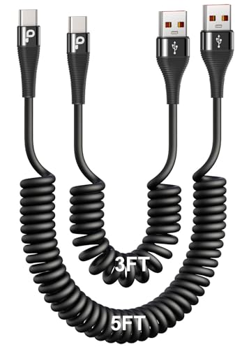 Coiled USB C Cable Fast Charging for Car 3FT (3FT/5FT / USB A to USB C / Black)